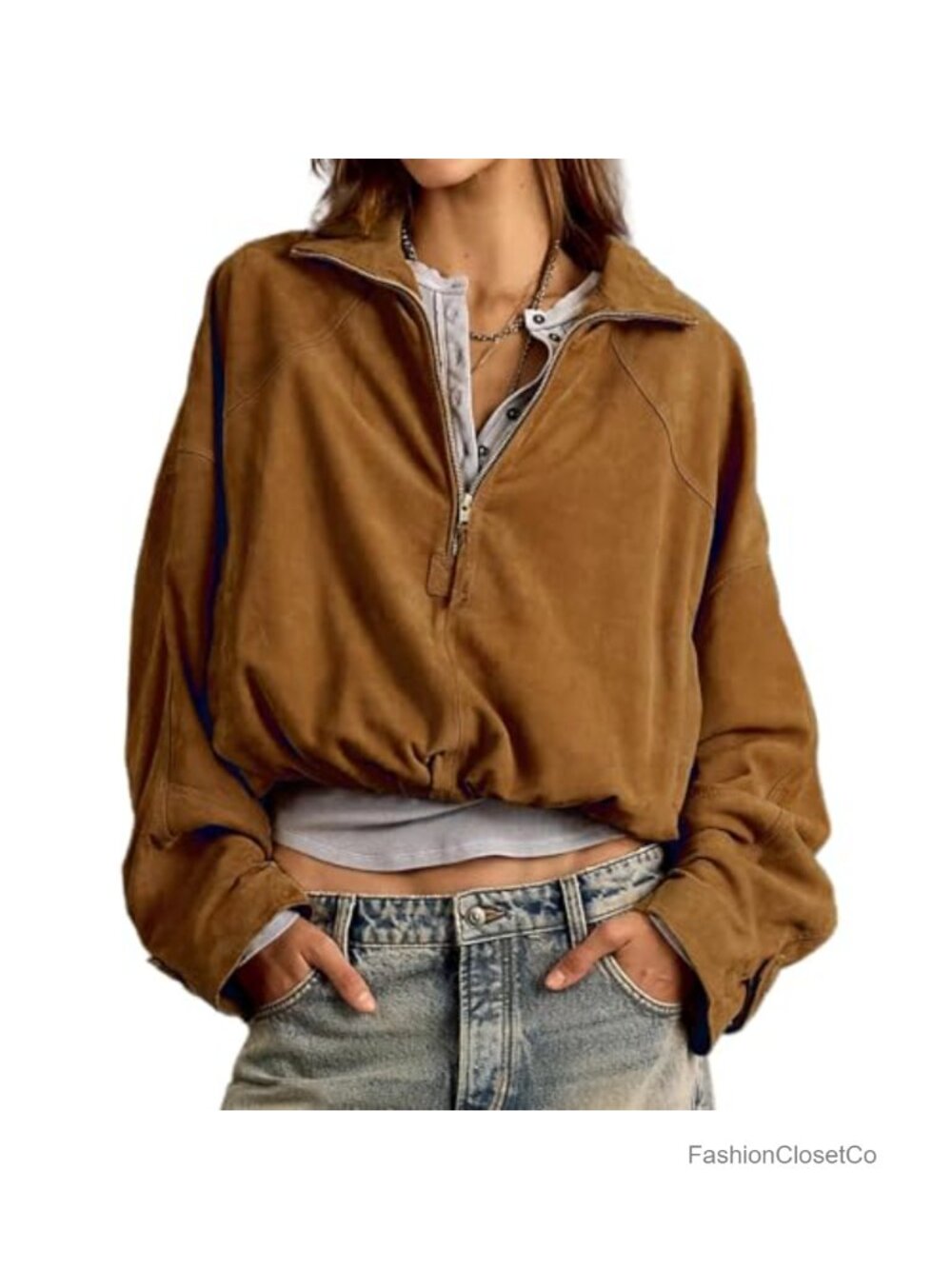 Women's Faux Suede Half Zip Bomber Jacket